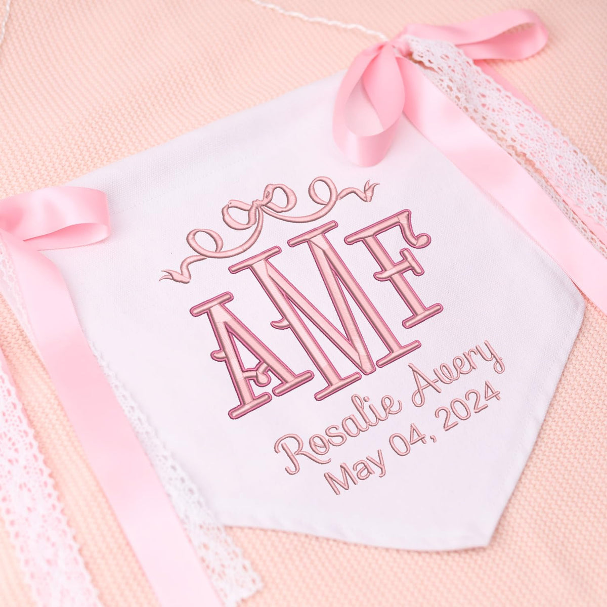 Personalized Embroidered Baby Banner Flag, Baby Announcement Sign, Baby Canvas Hanging Pennant Flag, Newborn Baby Banner with Bows Ribbon, Nursery Wall Crib Décor