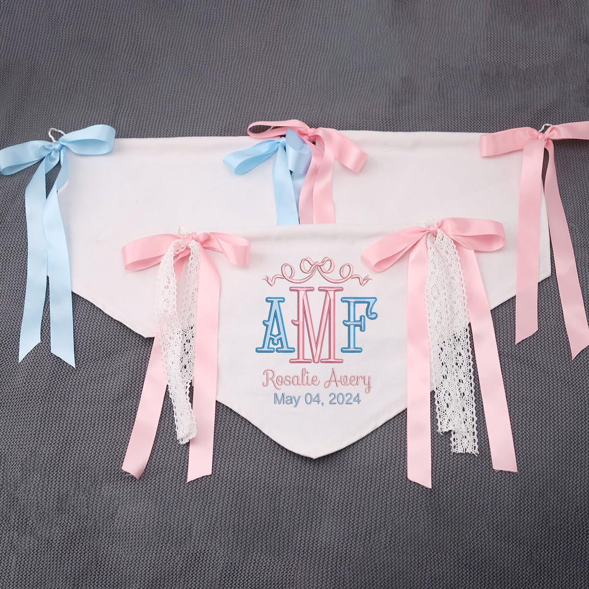 Personalized Embroidered Baby Banner Flag, Baby Announcement Sign, Baby Canvas Hanging Pennant Flag, Newborn Baby Banner with Bows Ribbon, Nursery Wall Crib Décor
