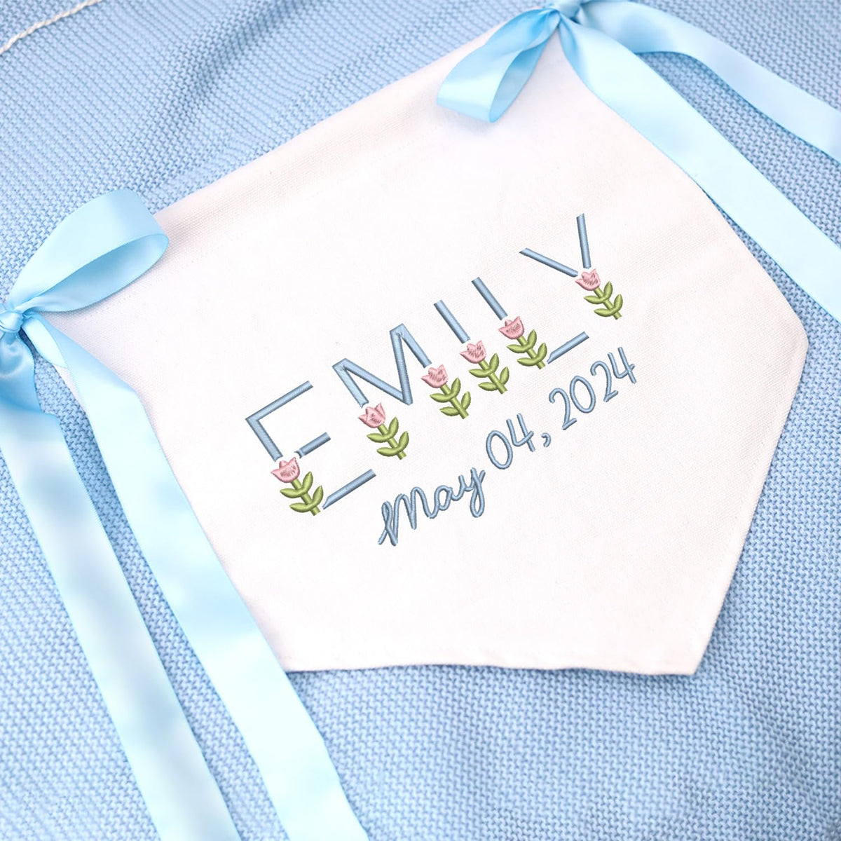 Personalized Embroidered Baby Banner Flag, Baby Canvas Hanging Pennant Flag, Newborn Baby Banner with Bows Ribbon, Baby Announcement Sign