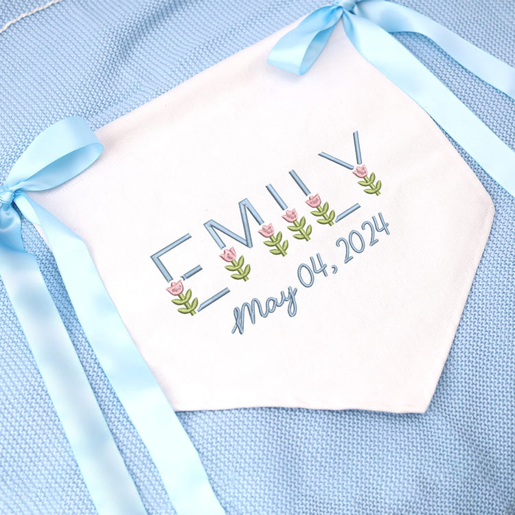 Personalized Embroidered Baby Banner Flag, Baby Canvas Hanging Pennant Flag, Newborn Baby Banner with Bows Ribbon, Baby Announcement Sign