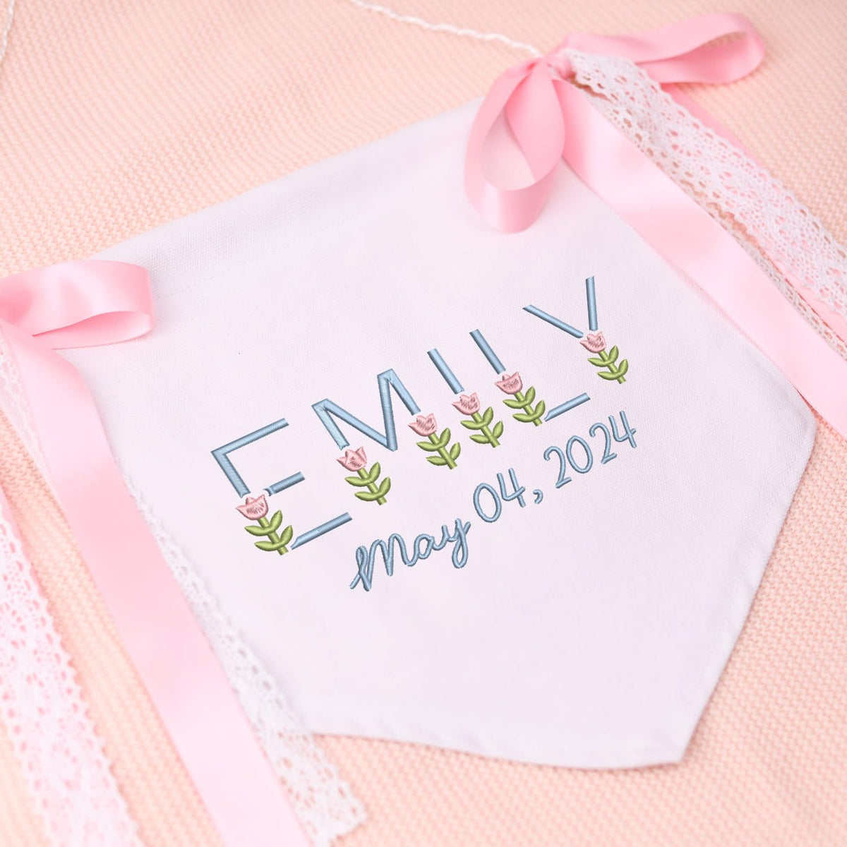 Personalized Embroidered Baby Banner Flag, Baby Canvas Hanging Pennant Flag, Newborn Baby Banner with Bows Ribbon, Baby Announcement Sign