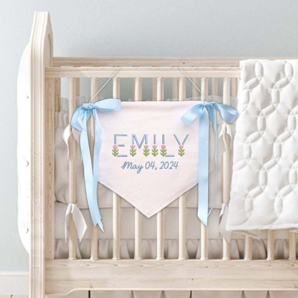 Personalized Embroidered Baby Banner Flag, Baby Canvas Hanging Pennant Flag, Newborn Baby Banner with Bows Ribbon, Baby Announcement Sign