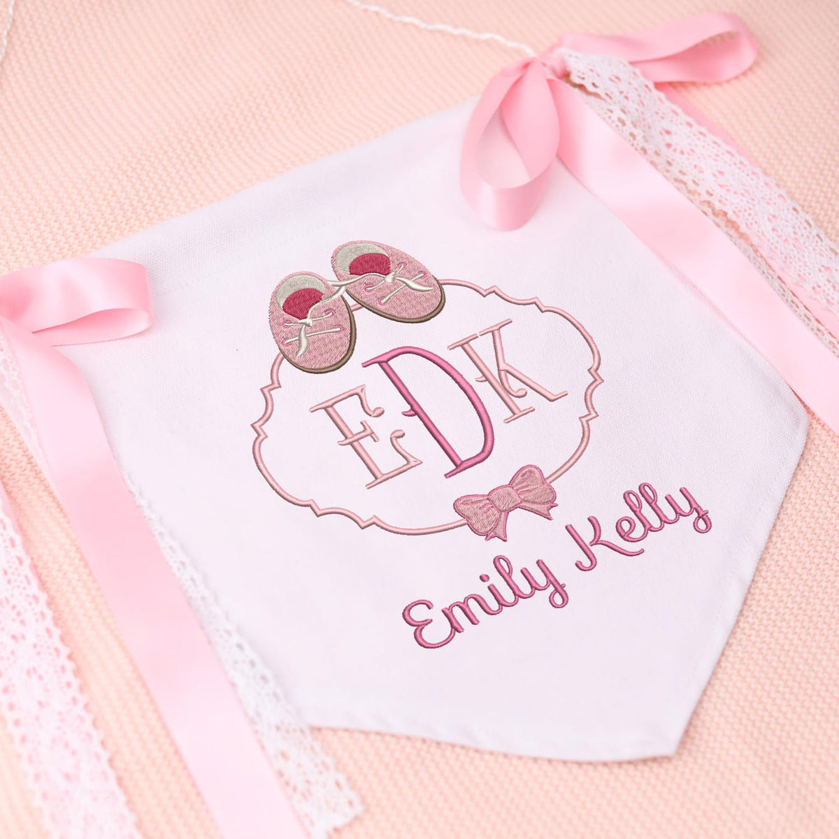 Personalized Embroidered Baby Banner Flag, Baby Canvas Hanging Pennant Flag, Newborn Baby Banner with Bows Ribbon, Gift For Baby
