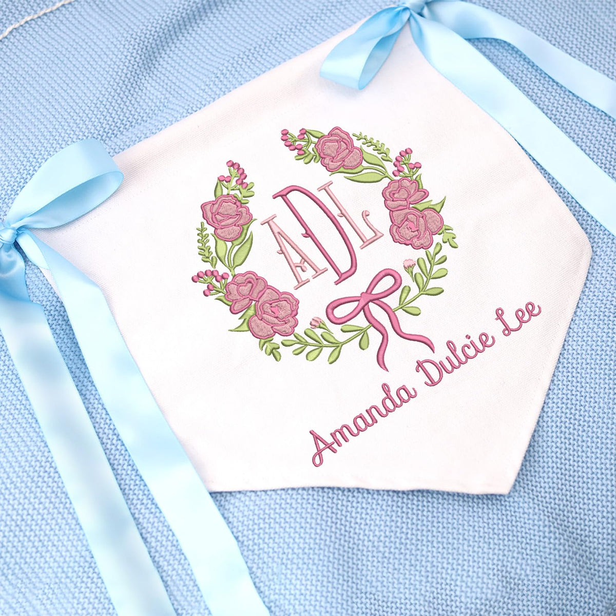Personalized Embroidered Baby Banner Flag, Baby Canvas Hanging Pennant Flag, Newborn Baby Banner with Bows Ribbon, Gift For Baby