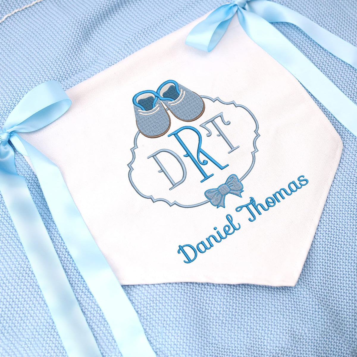 Personalized Embroidered Baby Banner Flag, Baby Canvas Hanging Pennant Flag, Newborn Baby Banner with Bows Ribbon, Gift For Baby