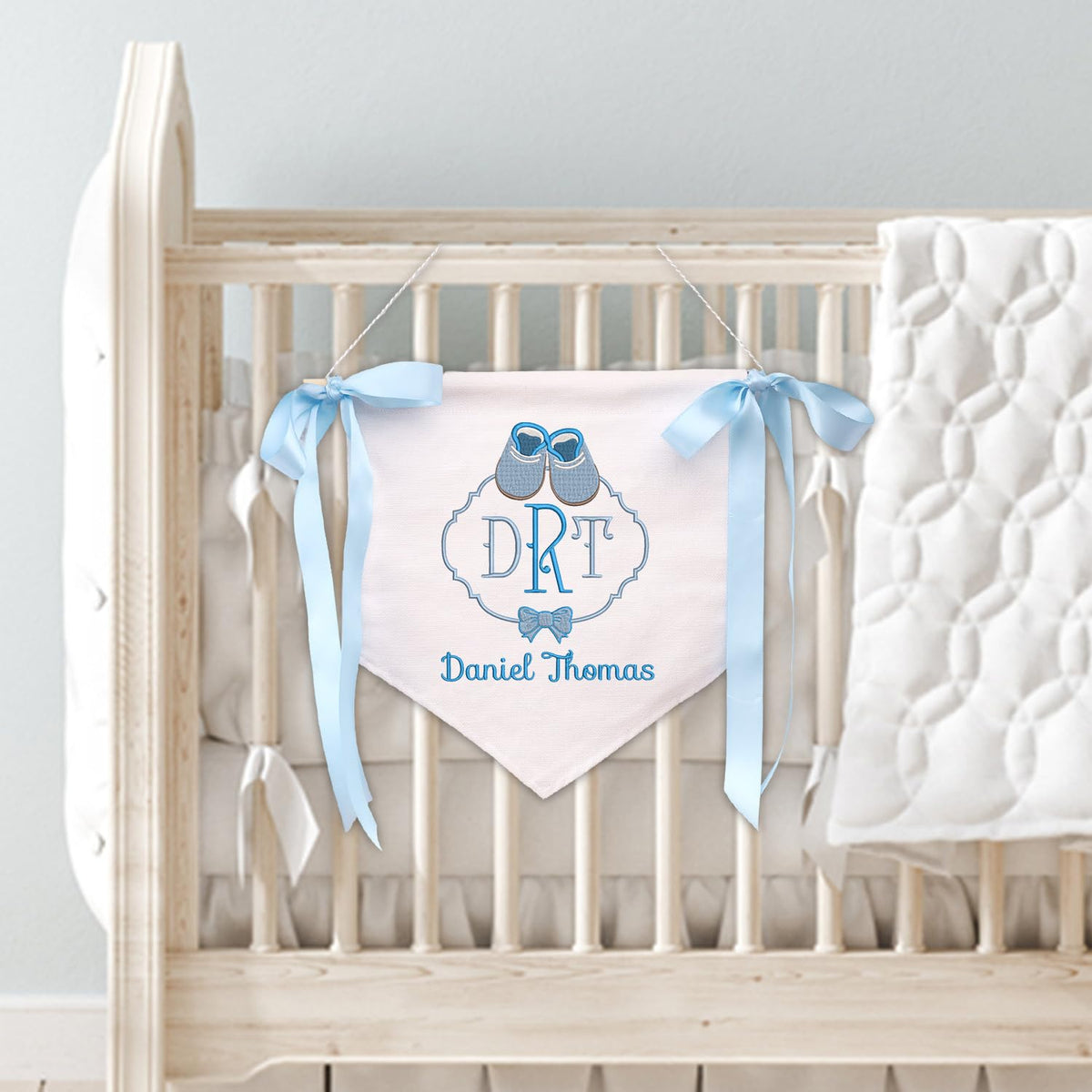 Personalized Embroidered Baby Banner Flag, Baby Canvas Hanging Pennant Flag, Newborn Baby Banner with Bows Ribbon, Gift For Baby