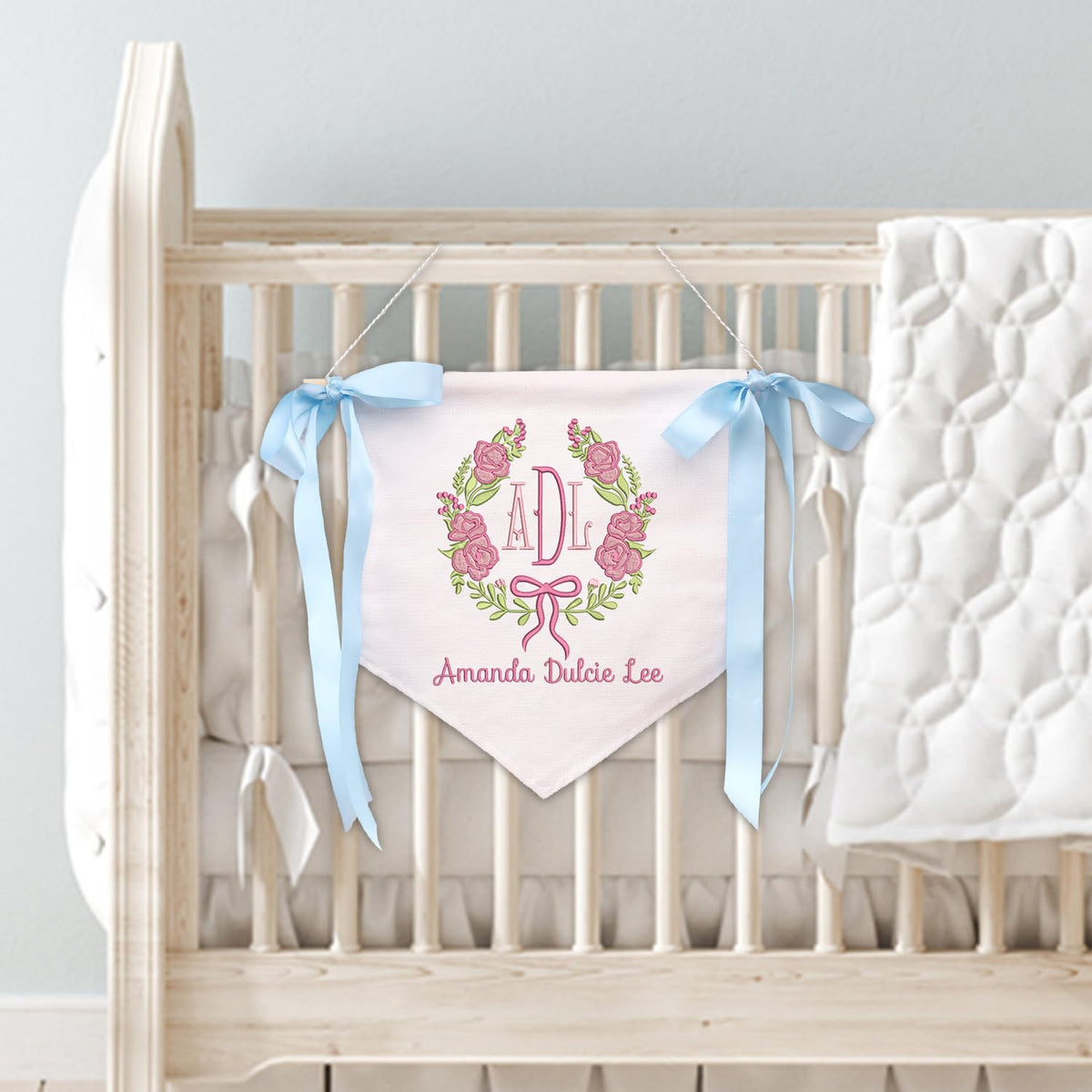 Personalized Embroidered Baby Banner Flag, Baby Canvas Hanging Pennant Flag, Newborn Baby Banner with Bows Ribbon, Gift For Baby