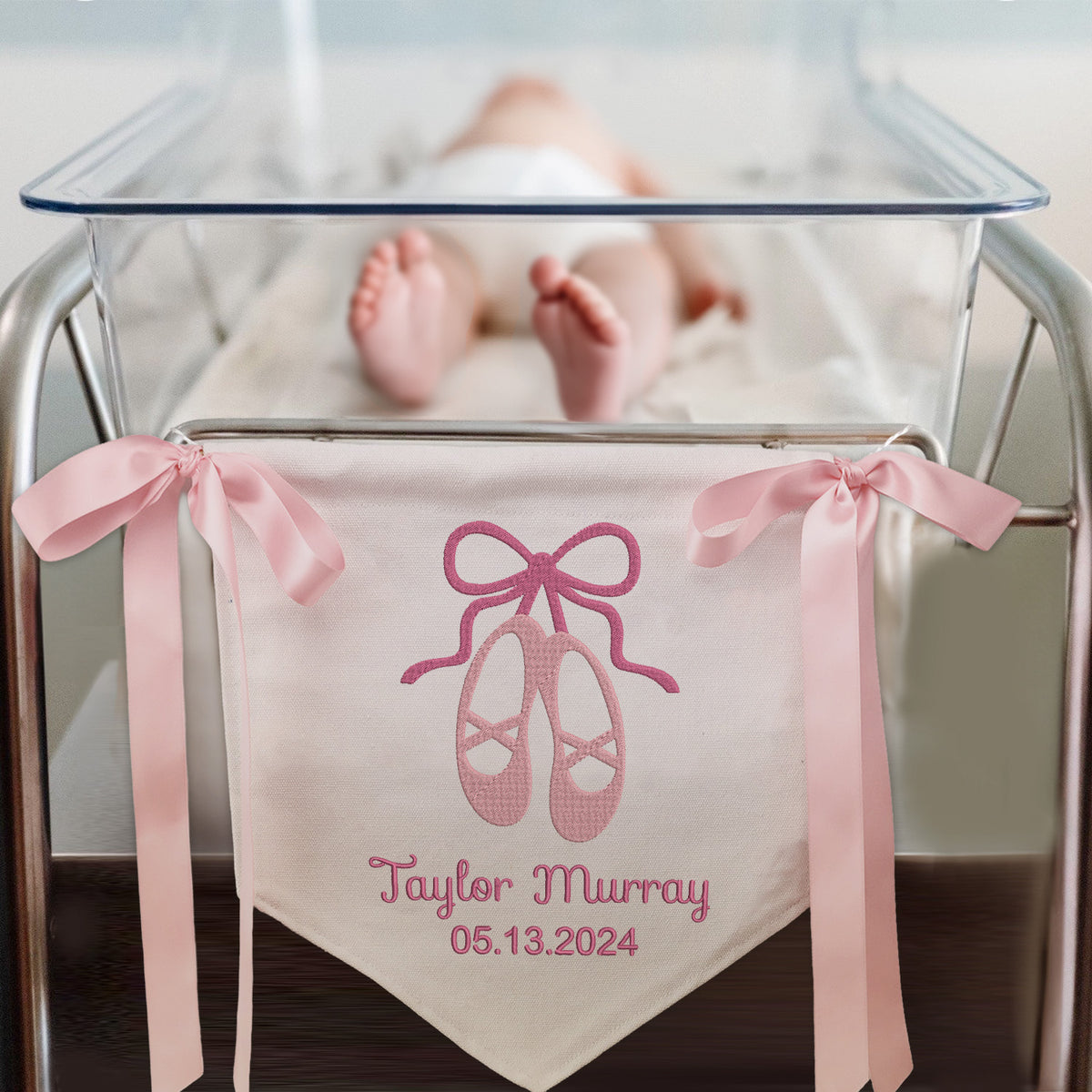 Personalized Embroidered Baby Banner Flag, Baby Canvas Hanging Pennant Flag, Newborn Baby Banner with Bows Ribbon, Great Gift For Baby