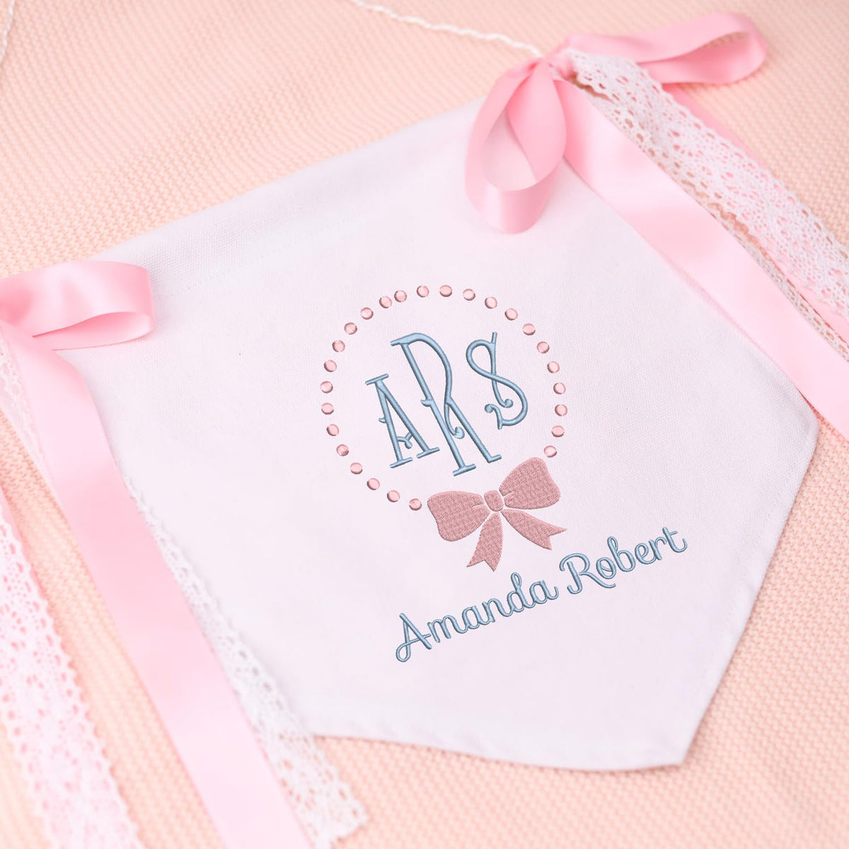 Personalized Embroidered Baby Banner Flag, Baby Canvas Hanging Pennant Flag, Newborn Baby Banner with Bows Ribbon, Nursery Wall Crib Décor