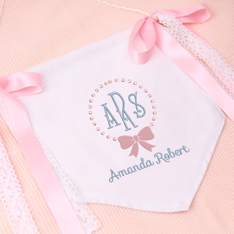 Personalized Embroidered Baby Banner Flag, Baby Canvas Hanging Pennant Flag, Newborn Baby Banner with Bows Ribbon, Nursery Wall Crib Décor