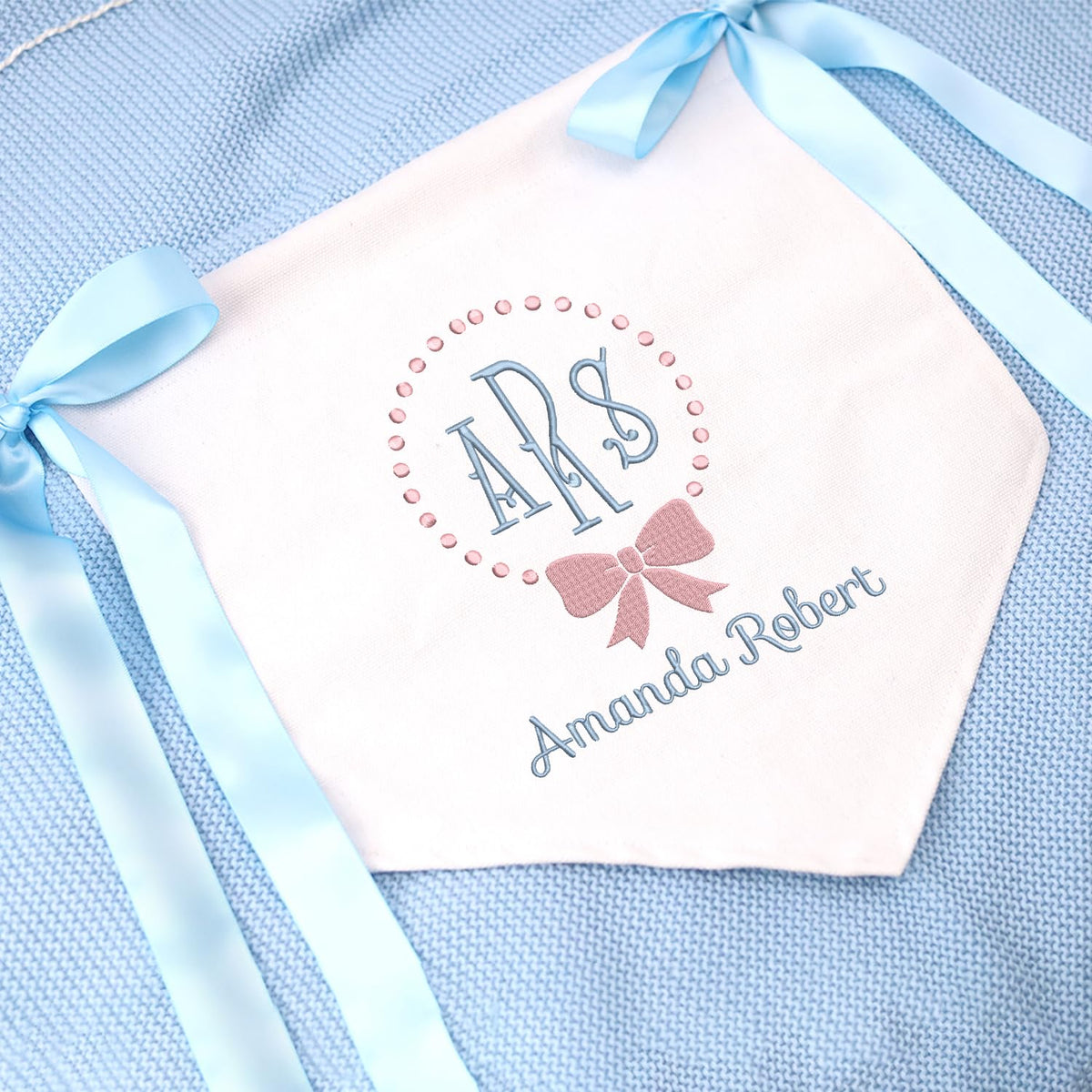 Personalized Embroidered Baby Banner Flag, Baby Canvas Hanging Pennant Flag, Newborn Baby Banner with Bows Ribbon, Nursery Wall Crib Décor