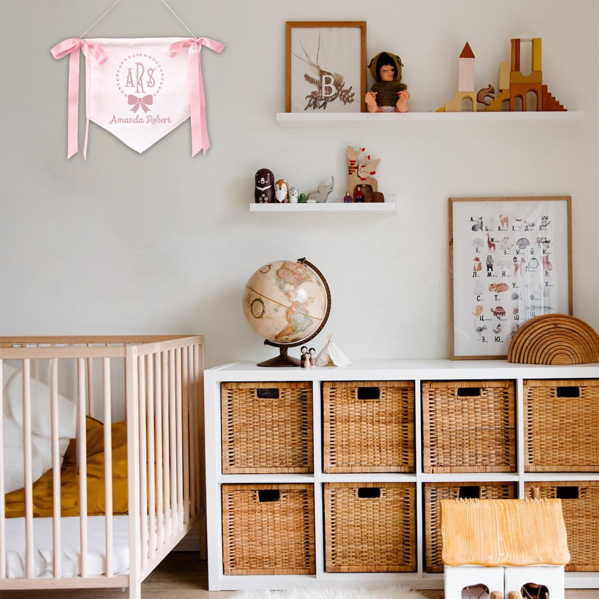 Personalized Embroidered Baby Banner Flag, Baby Canvas Hanging Pennant Flag, Newborn Baby Banner with Bows Ribbon, Nursery Wall Crib Décor