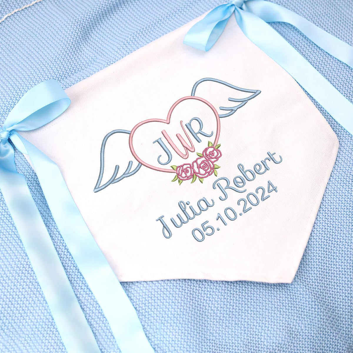 Personalized Embroidered Baby Banner Flag, Great gift for baby, Baby Canvas Hanging Pennant Flag, Newborn Baby Banner with Bows Ribbon