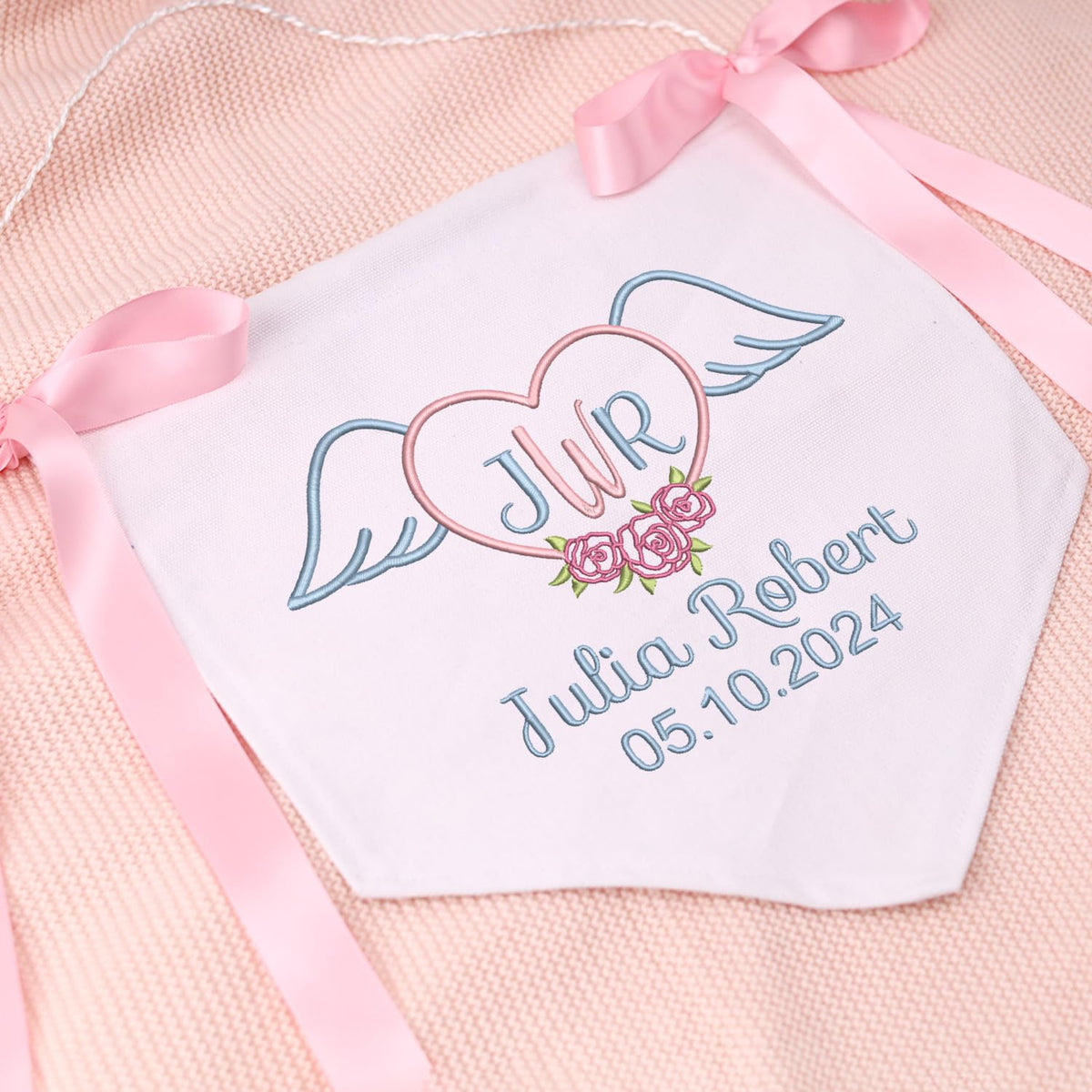 Personalized Embroidered Baby Banner Flag, Great gift for baby, Baby Canvas Hanging Pennant Flag, Newborn Baby Banner with Bows Ribbon