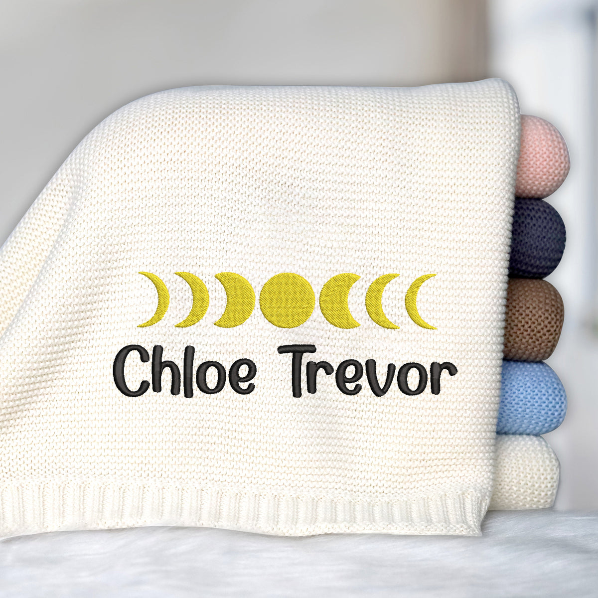 Personalized Embroidered Baby Blanket for Boys Girls, Cotton Knit Blankets Moon Phase Pattern, Embroidery Blanket, Crib