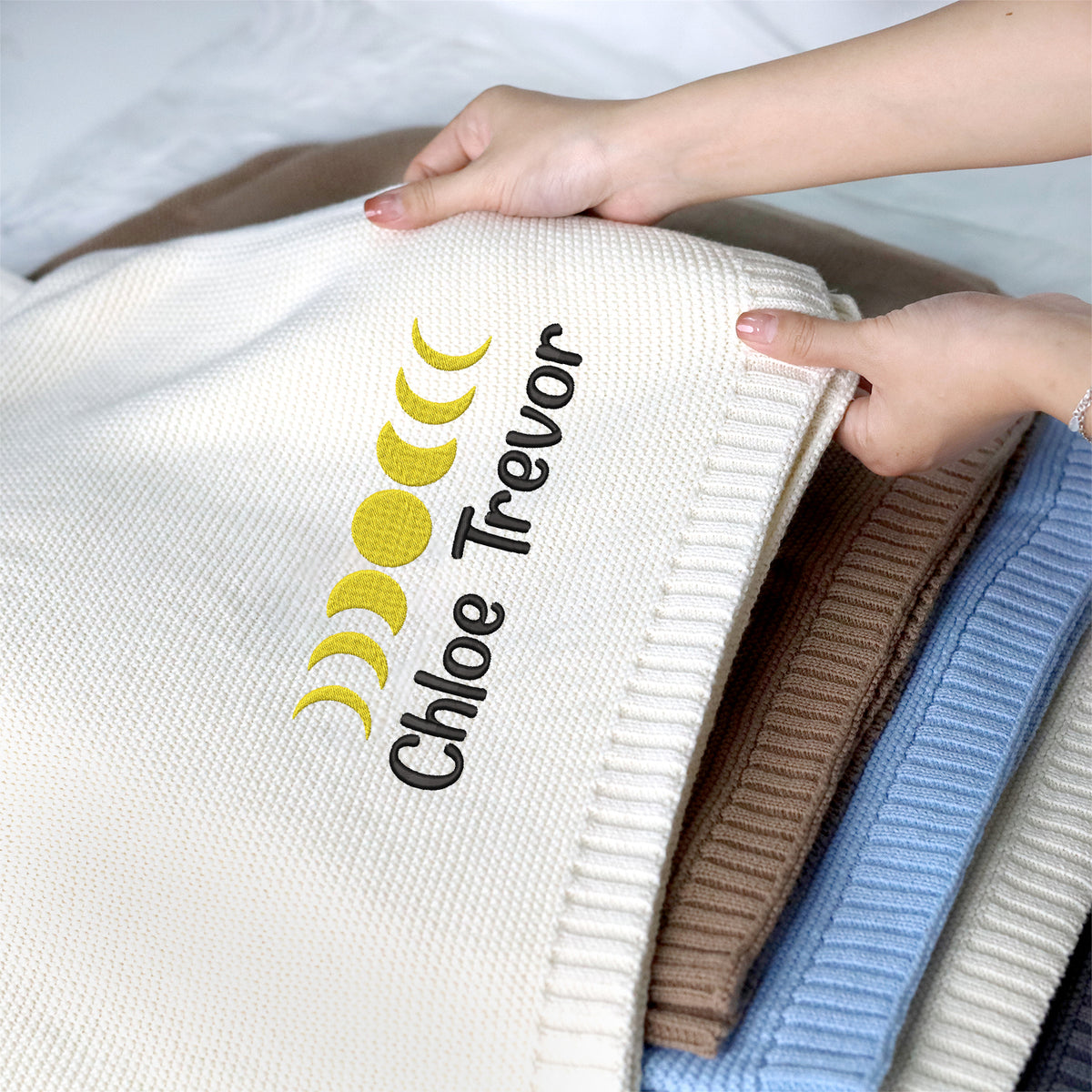 Personalized Embroidered Baby Blanket for Boys Girls, Cotton Knit Blankets Moon Phase Pattern, Embroidery Blanket, Crib