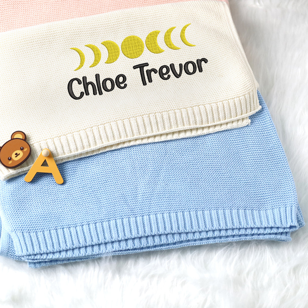 Personalized Embroidered Baby Blanket for Boys Girls, Cotton Knit Blankets Moon Phase Pattern, Embroidery Blanket, Crib