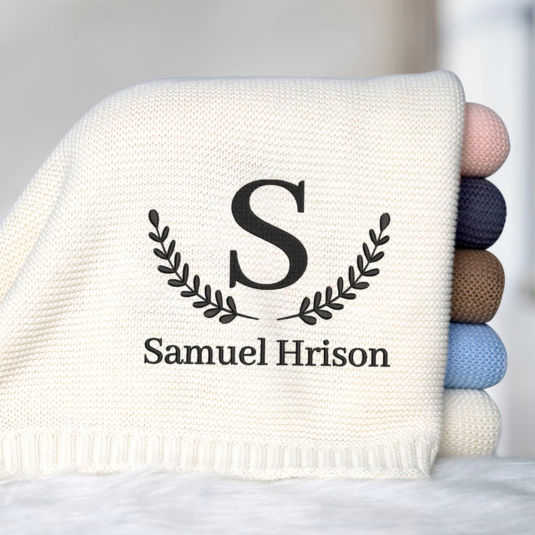 Personalized Embroidered Baby Blanket for Boys Girls, Custom Initial Name Baby Blanket, Cotton Knit Blankets, Embroidery Blankets for Strollers