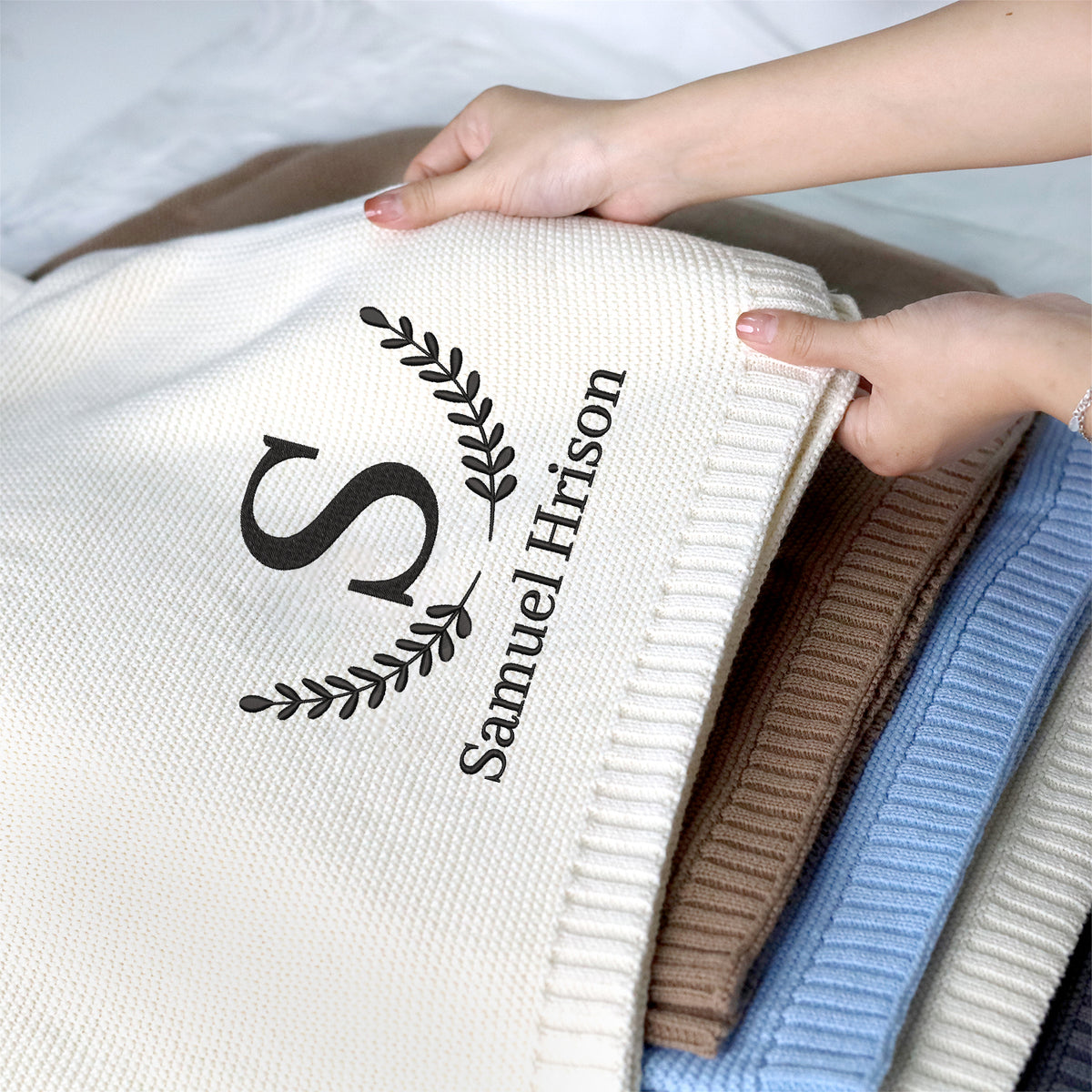 Personalized Embroidered Baby Blanket for Boys Girls, Custom Initial Name Baby Blanket, Cotton Knit Blankets, Embroidery Blankets for Strollers