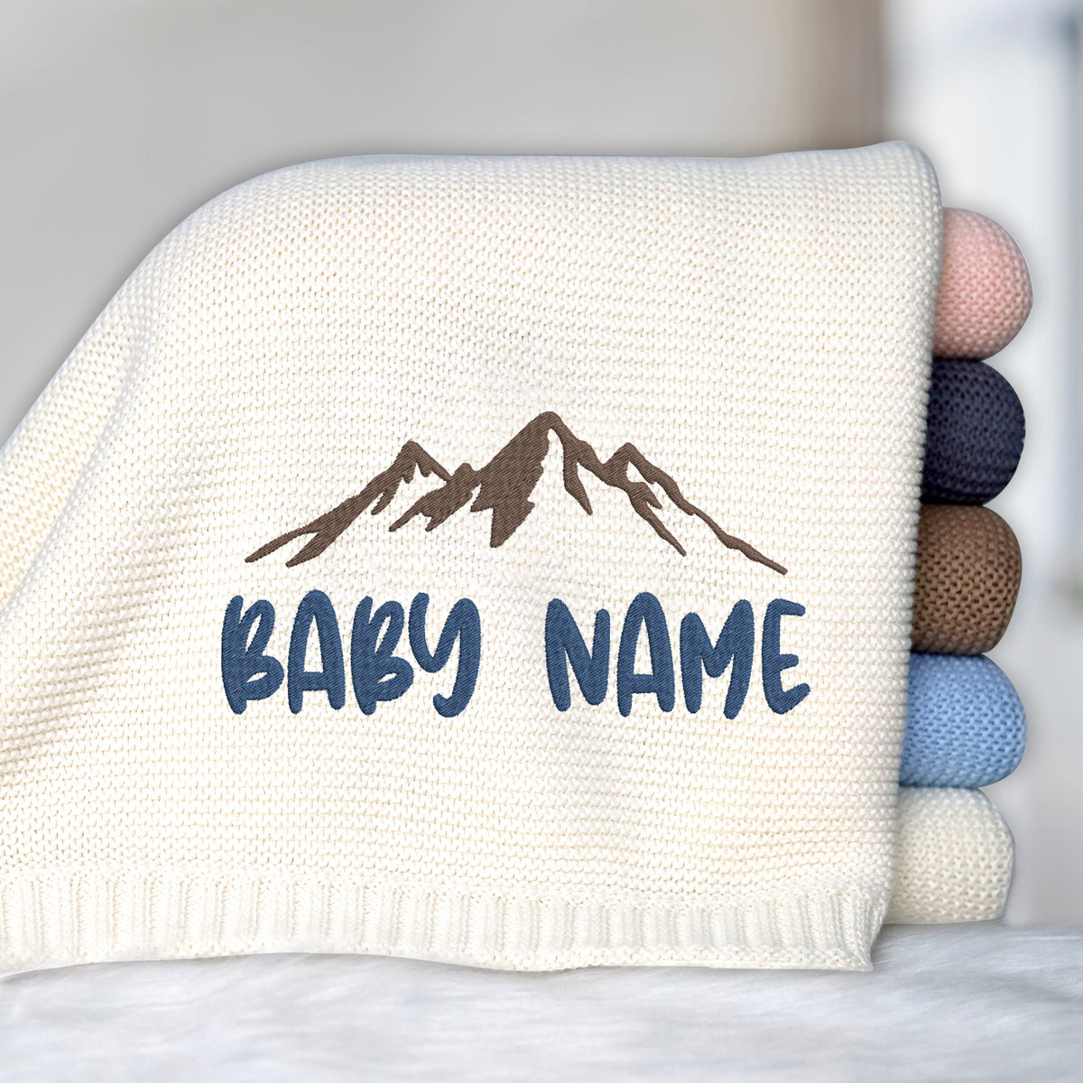 Personalized Embroidered Baby Blanket for Boys Girls, Custom Name Baby Blanket, Cotton Knit Blankets Mountain, Embroidery Blanket for Strollers