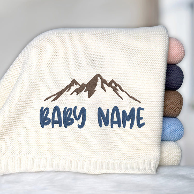 Personalized Embroidered Baby Blanket for Boys Girls, Custom Name Baby Blanket, Cotton Knit Blankets Mountain, Embroidery Blanket for Strollers