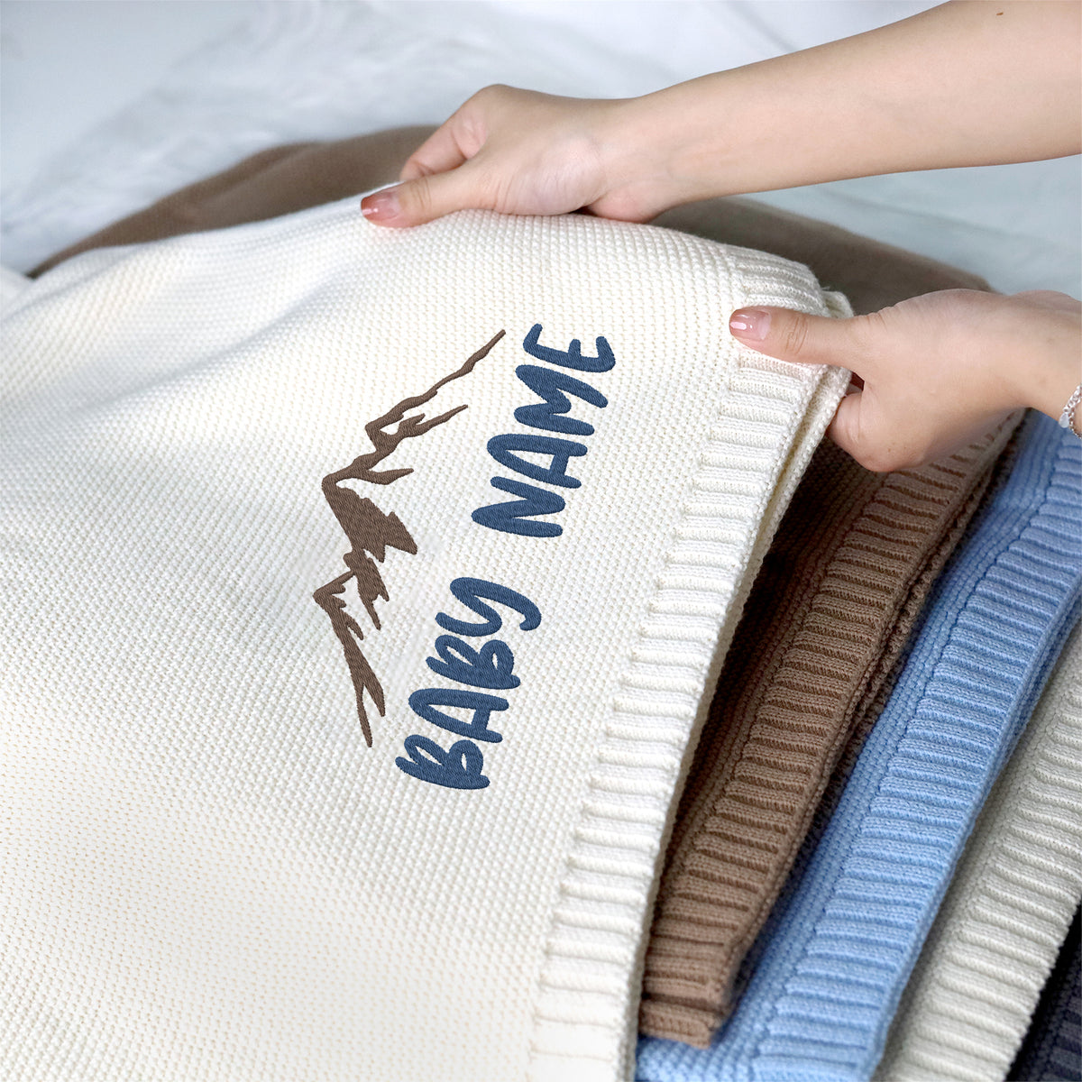 Personalized Embroidered Baby Blanket for Boys Girls, Custom Name Baby Blanket, Cotton Knit Blankets Mountain, Embroidery Blanket for Strollers