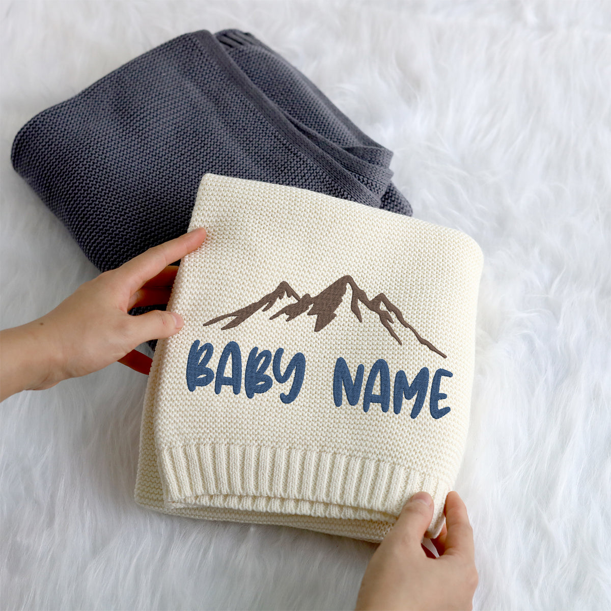 Personalized Embroidered Baby Blanket for Boys Girls, Custom Name Baby Blanket, Cotton Knit Blankets Mountain, Embroidery Blanket for Strollers