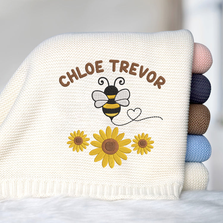 Personalized Embroidered Baby Blanket for Boys Girls - Custom Name Bee Embroidery for Son Daughter - 30x40 Inches Cotton Knit