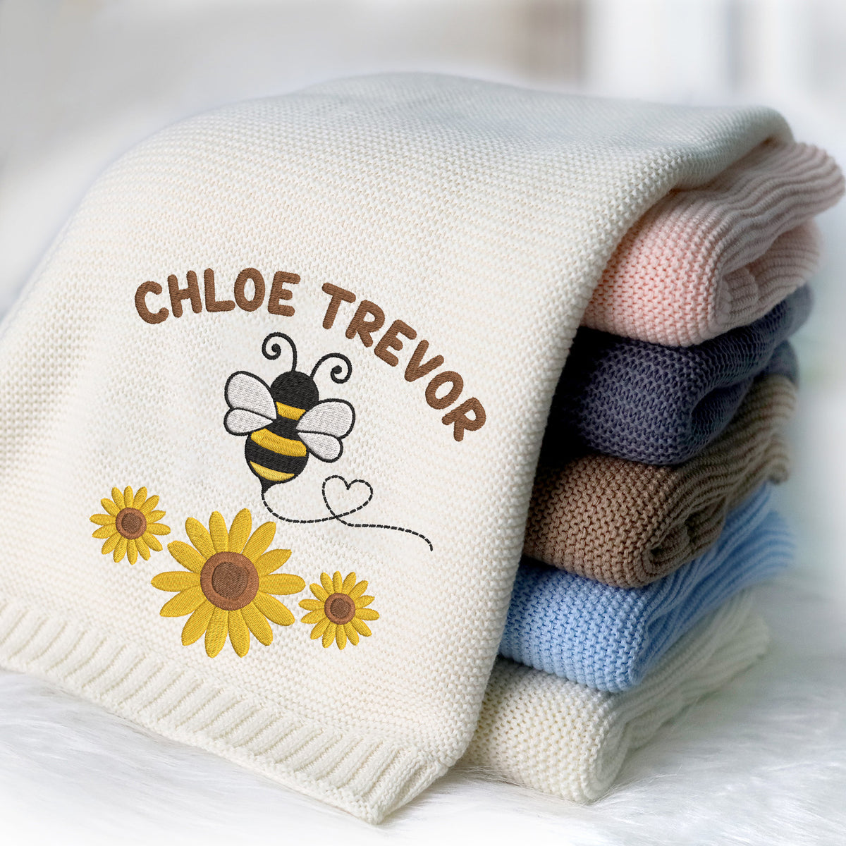 Personalized Embroidered Baby Blanket for Boys Girls - Custom Name Bee Embroidery for Son Daughter - 30x40 Inches Cotton Knit