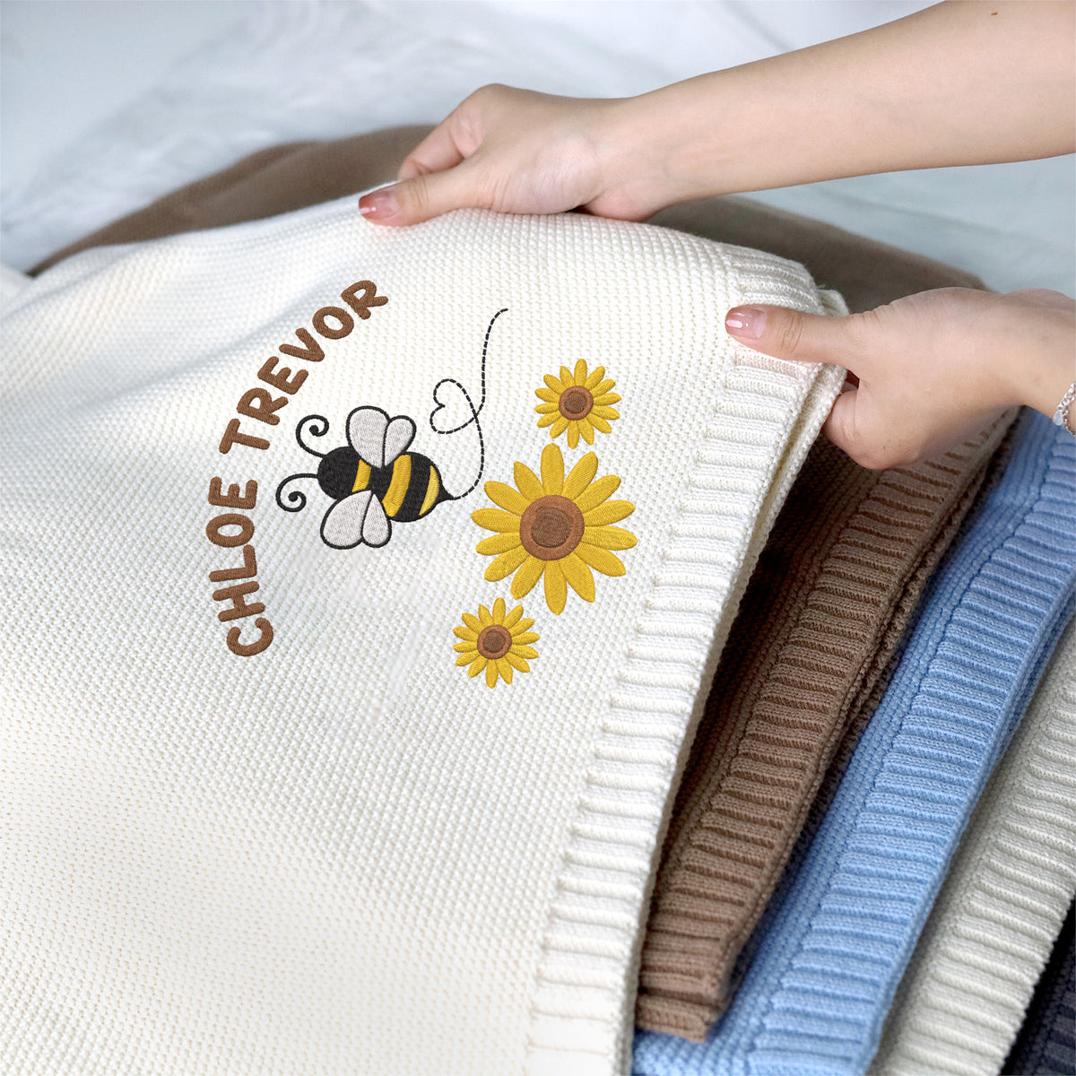 Personalized Embroidered Baby Blanket for Boys Girls - Custom Name Bee Embroidery for Son Daughter - 30x40 Inches Cotton Knit