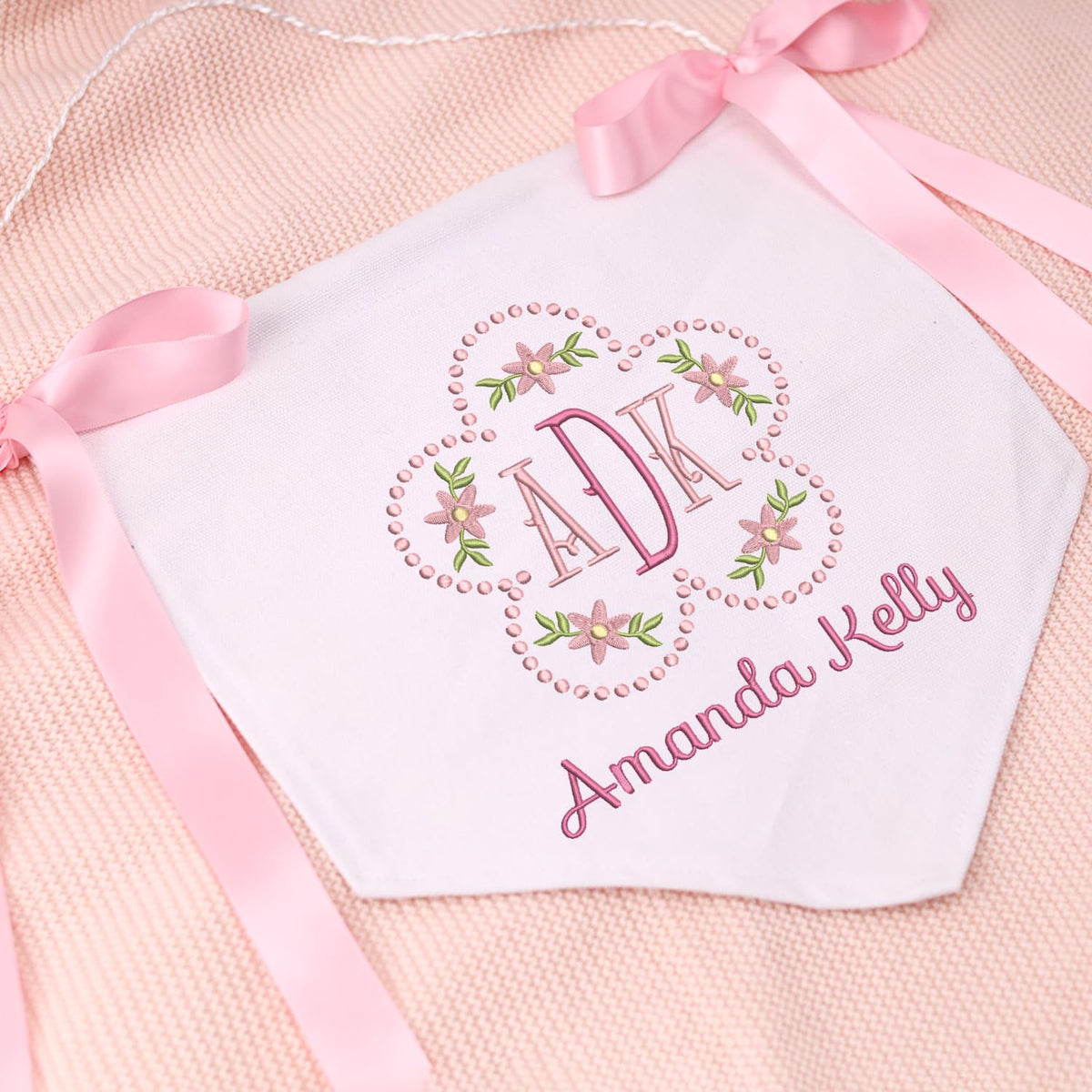 Personalized Embroidered Flower Baby Banner Flag, Baby Canvas Hanging Pennant Flag, Newborn Baby Banner with Bows Ribbon