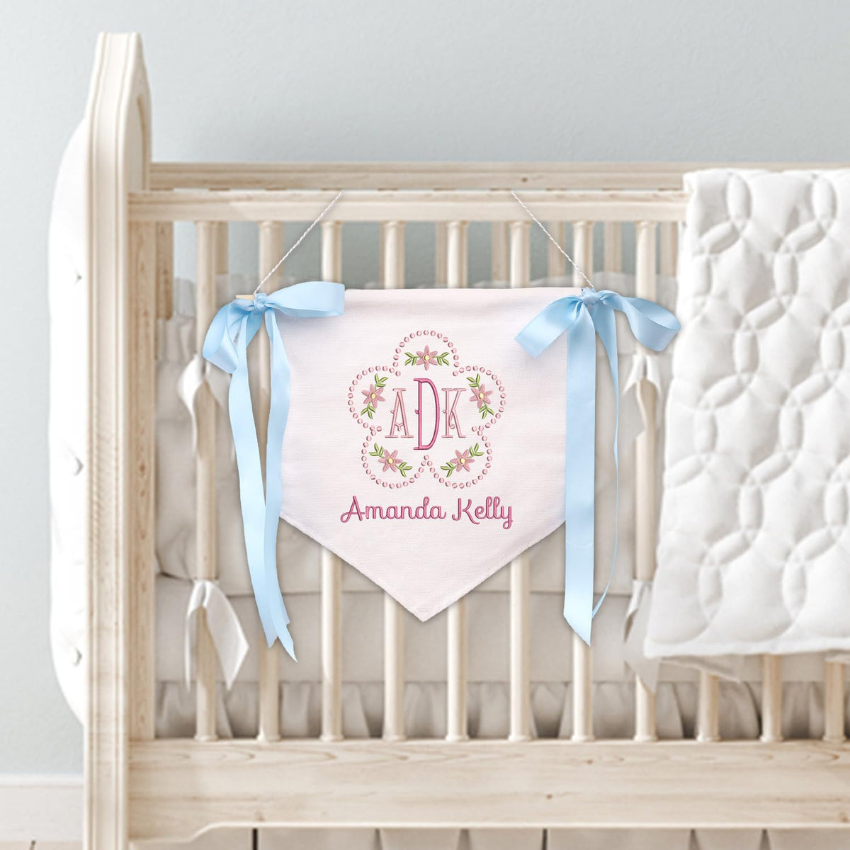 Personalized Embroidered Flower Baby Banner Flag, Baby Canvas Hanging Pennant Flag, Newborn Baby Banner with Bows Ribbon