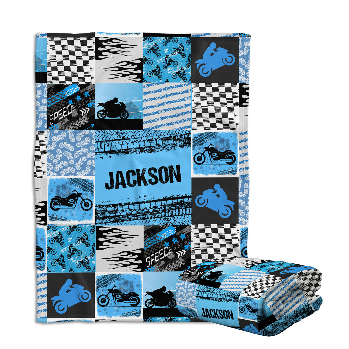 Personalized Motorcycle Baby Blanket, Blue Plush Swaddle Blanket for Boys & Girls