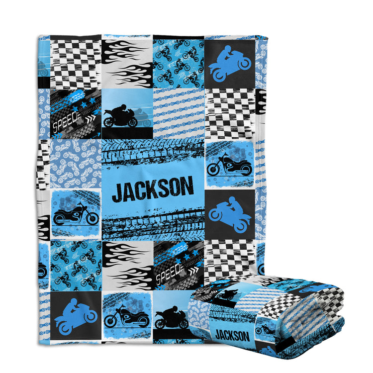 Personalized Motorcycle Baby Blanket, Blue Plush Swaddle Blanket for Boys & Girls