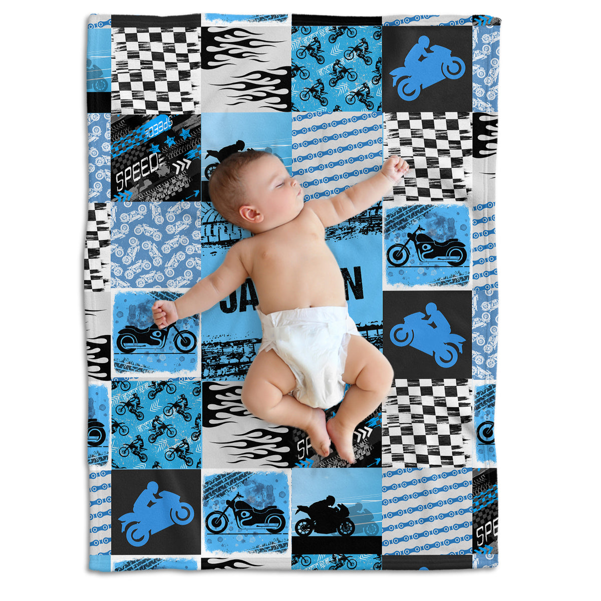 Personalized Motorcycle Baby Blanket, Blue Plush Swaddle Blanket for Boys & Girls