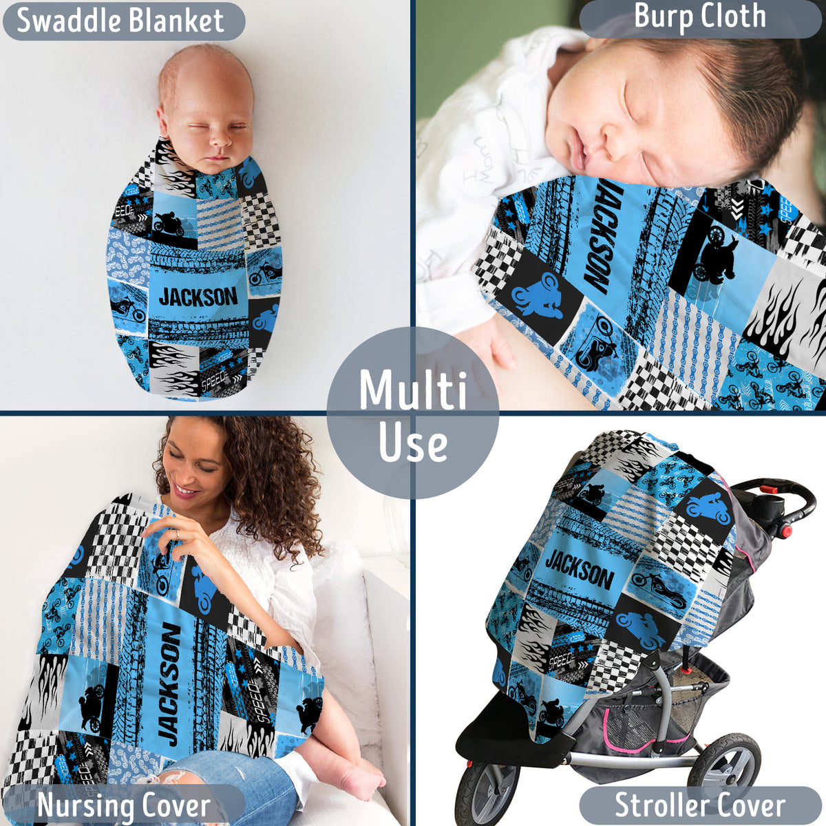 Personalized Motorcycle Baby Blanket, Blue Plush Swaddle Blanket for Boys & Girls