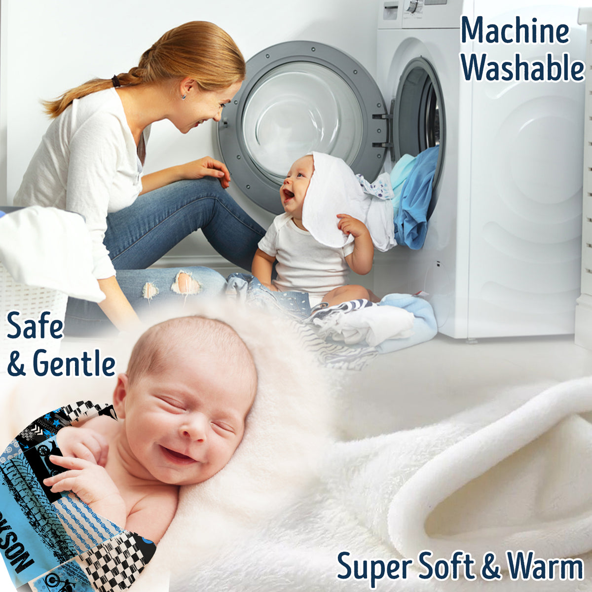Personalized Motorcycle Baby Blanket, Blue Plush Swaddle Blanket for Boys & Girls