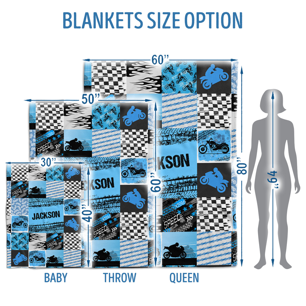 Personalized Motorcycle Baby Blanket, Blue Plush Swaddle Blanket for Boys & Girls