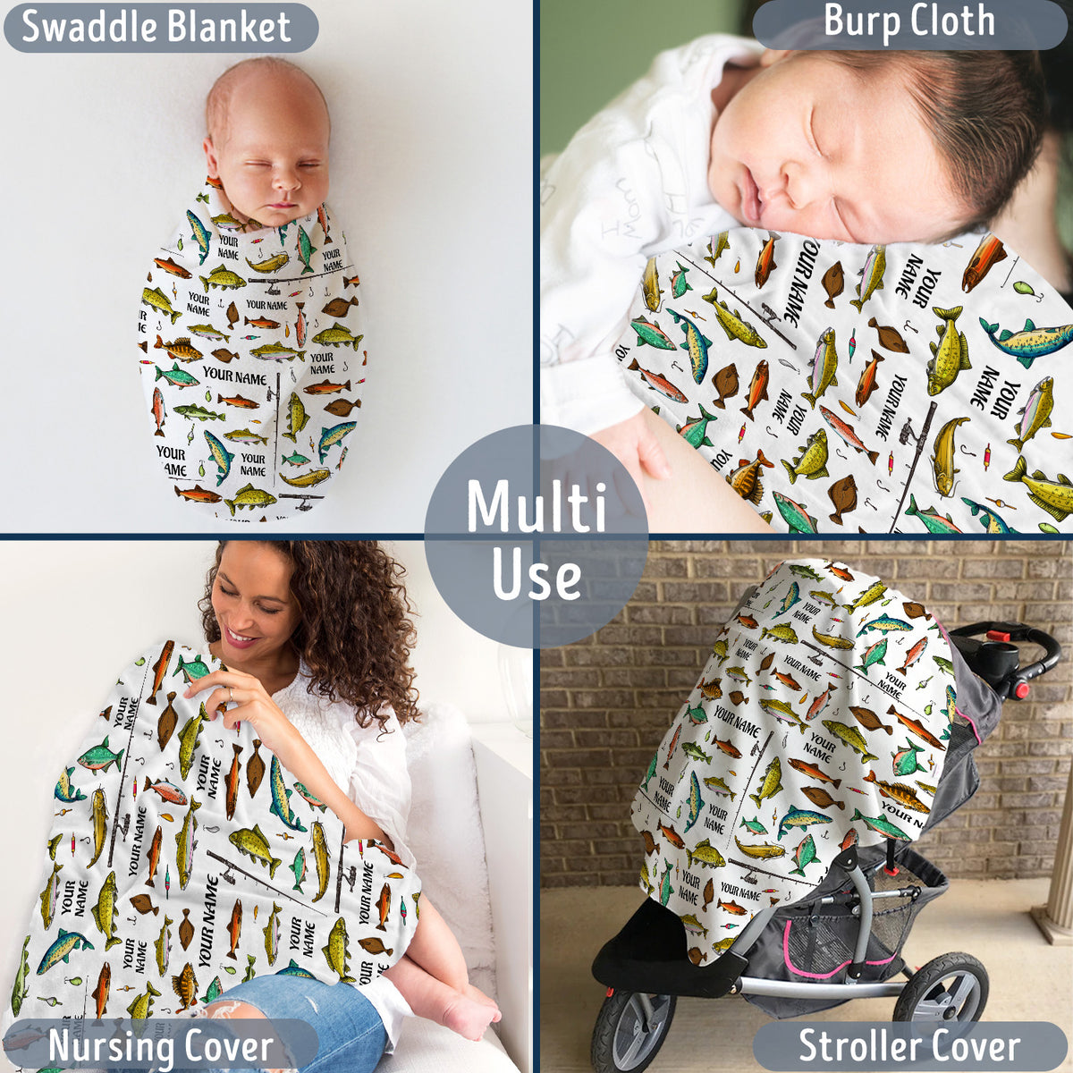Personalized Name Baby Blankets - Fishing Theme Plush Blankets for Boys & Girls, 3 Sizes - Newborn