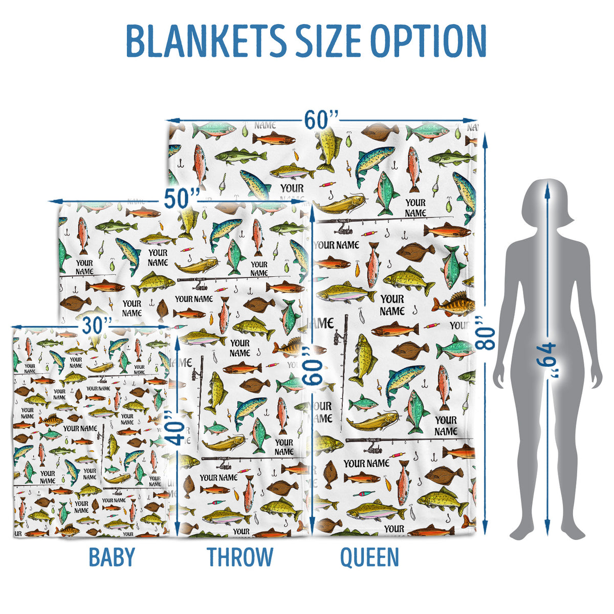Personalized Name Baby Blankets - Fishing Theme Plush Blankets for Boys & Girls, 3 Sizes - Newborn