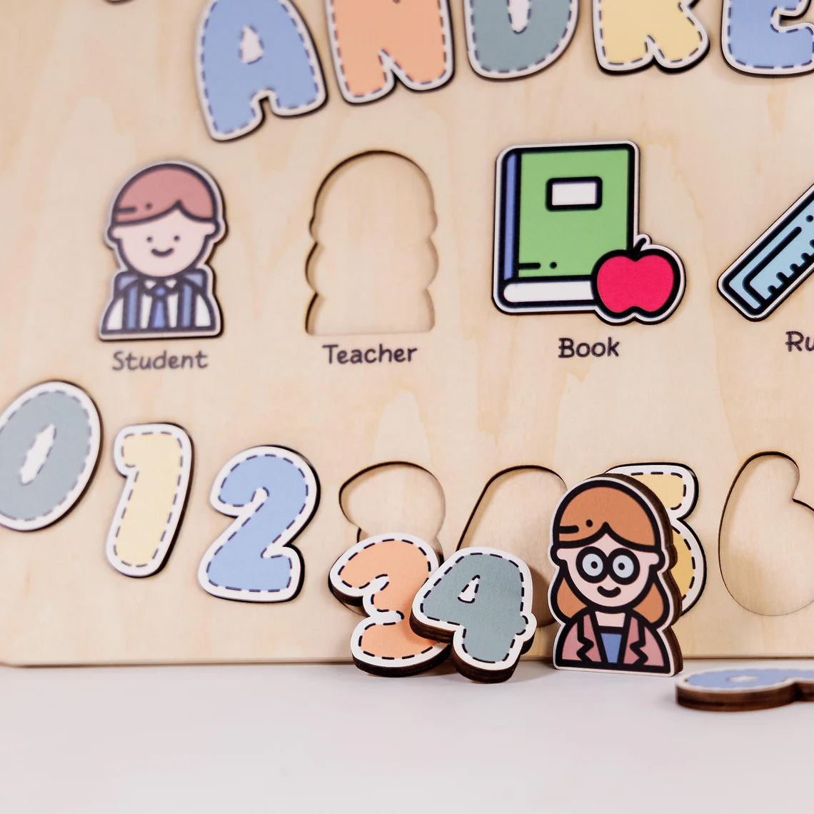 Personalized Name Baby Teacher Wooden Puzzle, Back To School Gifts for Kids, Wooden Toddler Toys