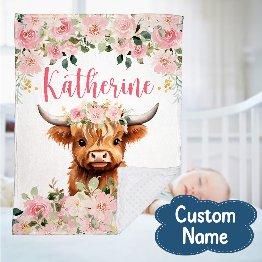 Personalized Name Minky Baby Blankets, Cow Baby Blankets, Blanket Double Layer with Dotted Backing for Infant Toddler Crib, Nursery Decorations