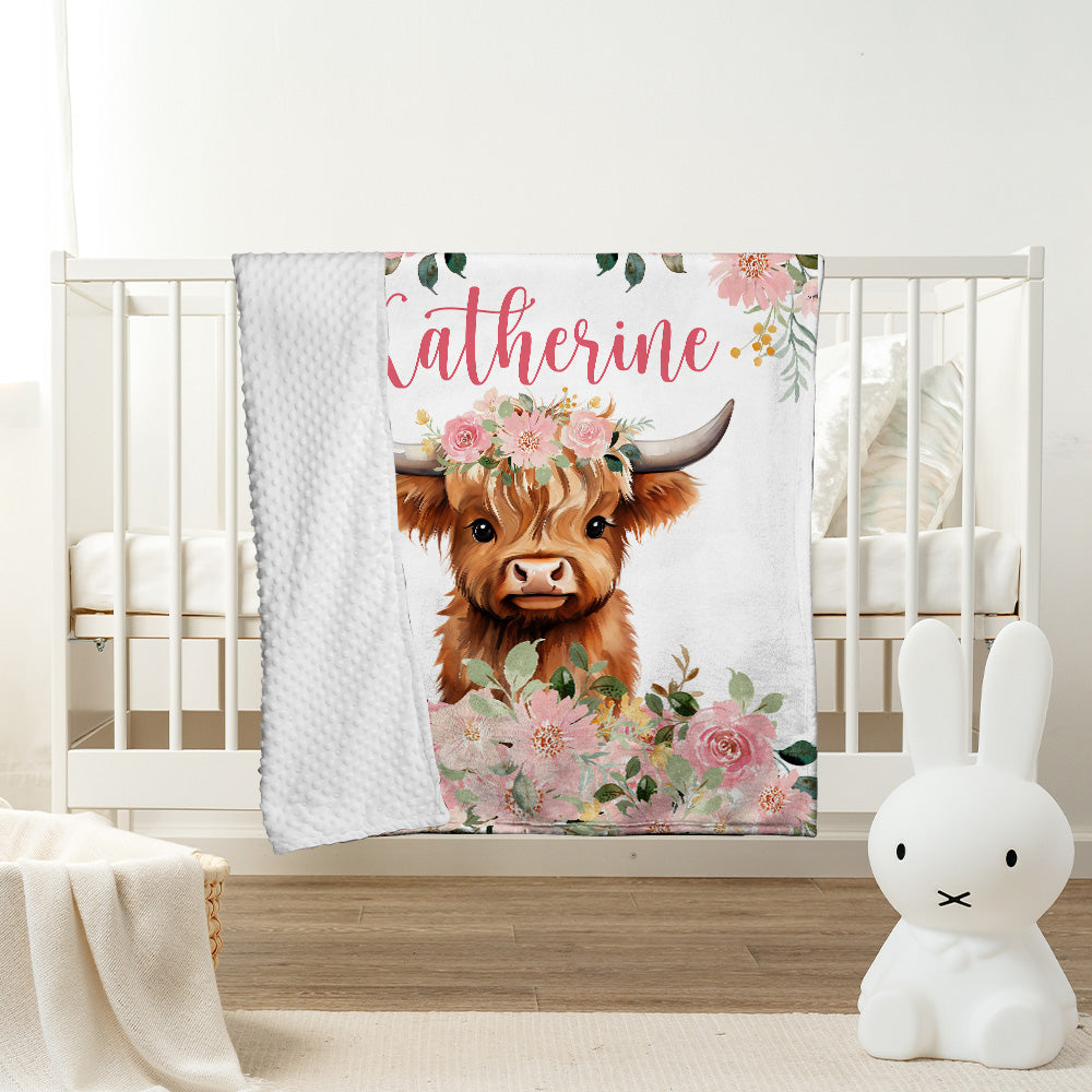 Personalized Name Minky Baby Blankets, Cow Baby Blankets, Blanket Double Layer with Dotted Backing for Infant Toddler Crib, Nursery Decorations