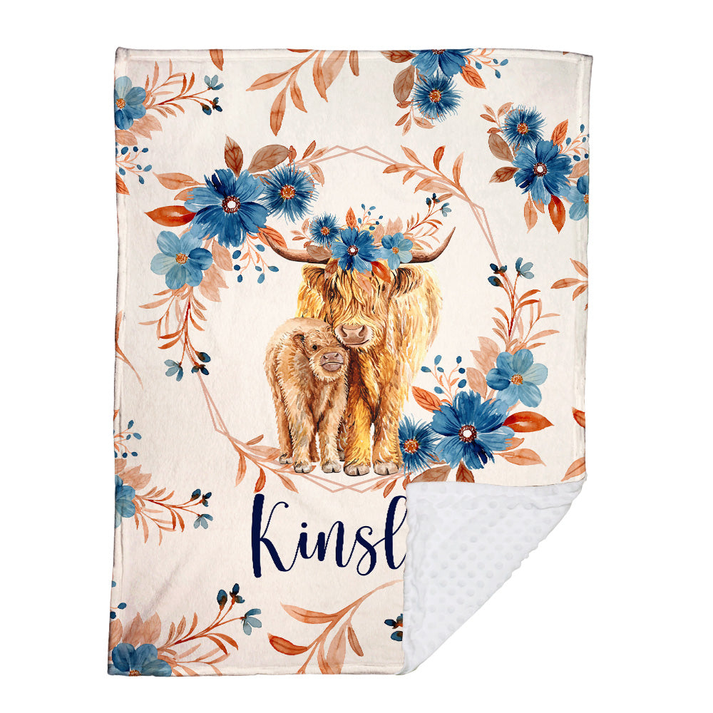 Personalized Name Minky Baby Blankets, Highland Cow Baby Blankets, Gift For Infant Toddler Crib, Nursery Decorations
