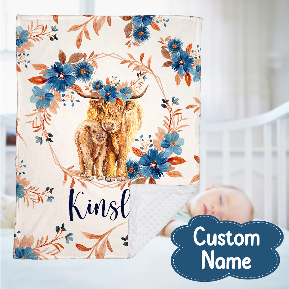 Personalized Name Minky Baby Blankets, Highland Cow Baby Blankets, Gift For Infant Toddler Crib, Nursery Decorations