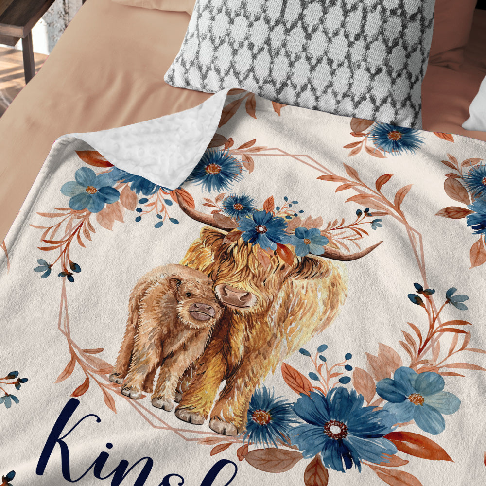 Personalized Name Minky Baby Blankets, Highland Cow Baby Blankets, Gift For Infant Toddler Crib, Nursery Decorations