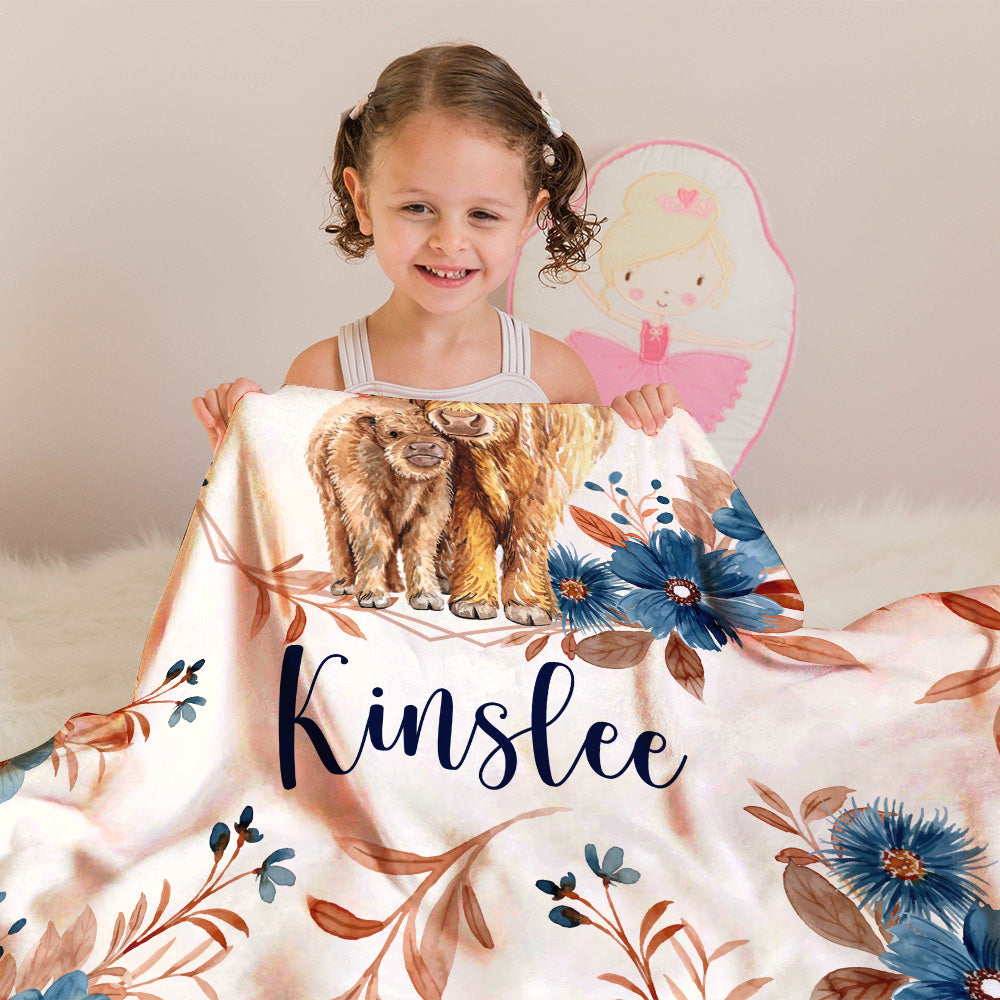 Personalized Name Minky Baby Blankets, Highland Cow Baby Blankets, Gift For Infant Toddler Crib, Nursery Decorations