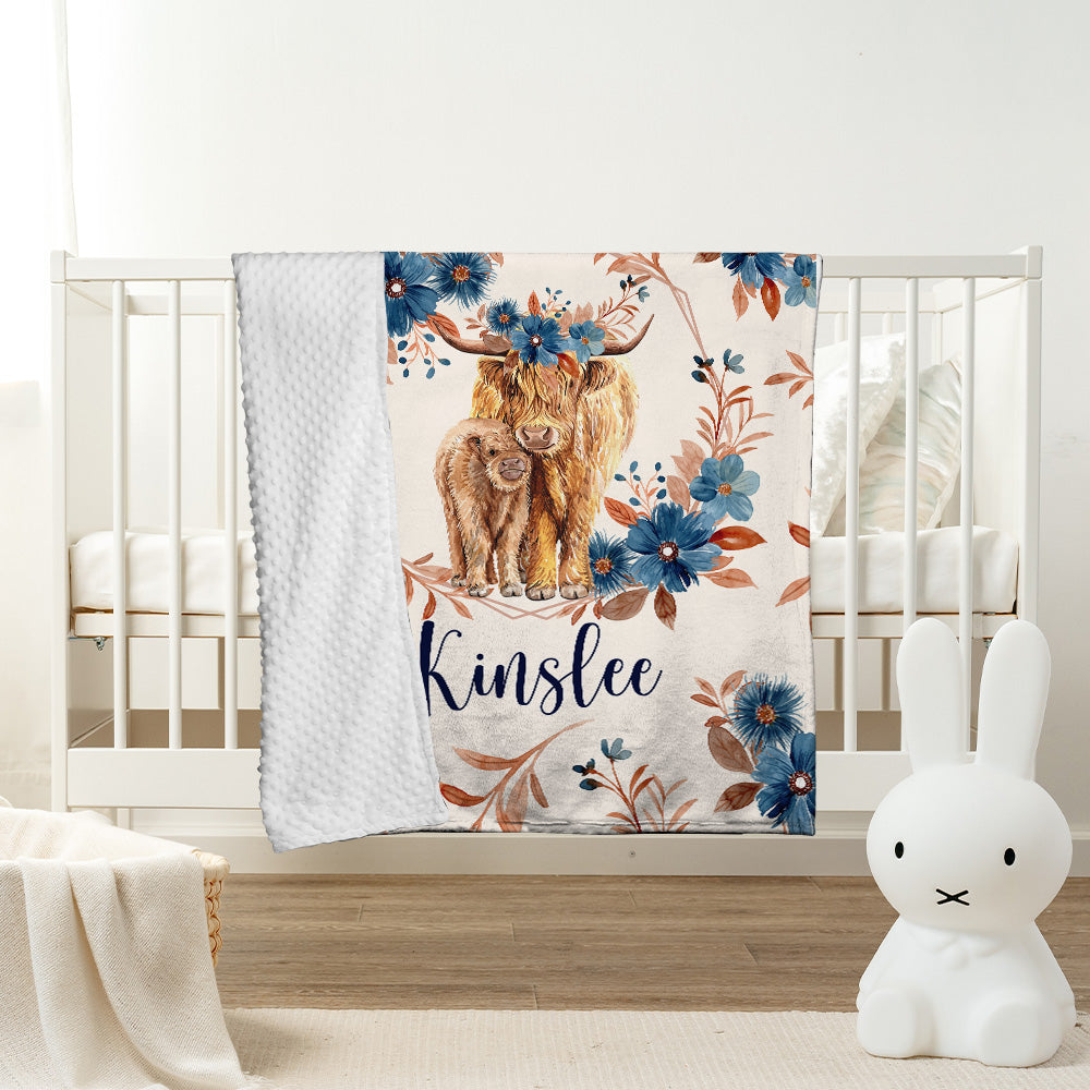 Personalized Name Minky Baby Blankets, Highland Cow Baby Blankets, Gift For Infant Toddler Crib, Nursery Decorations