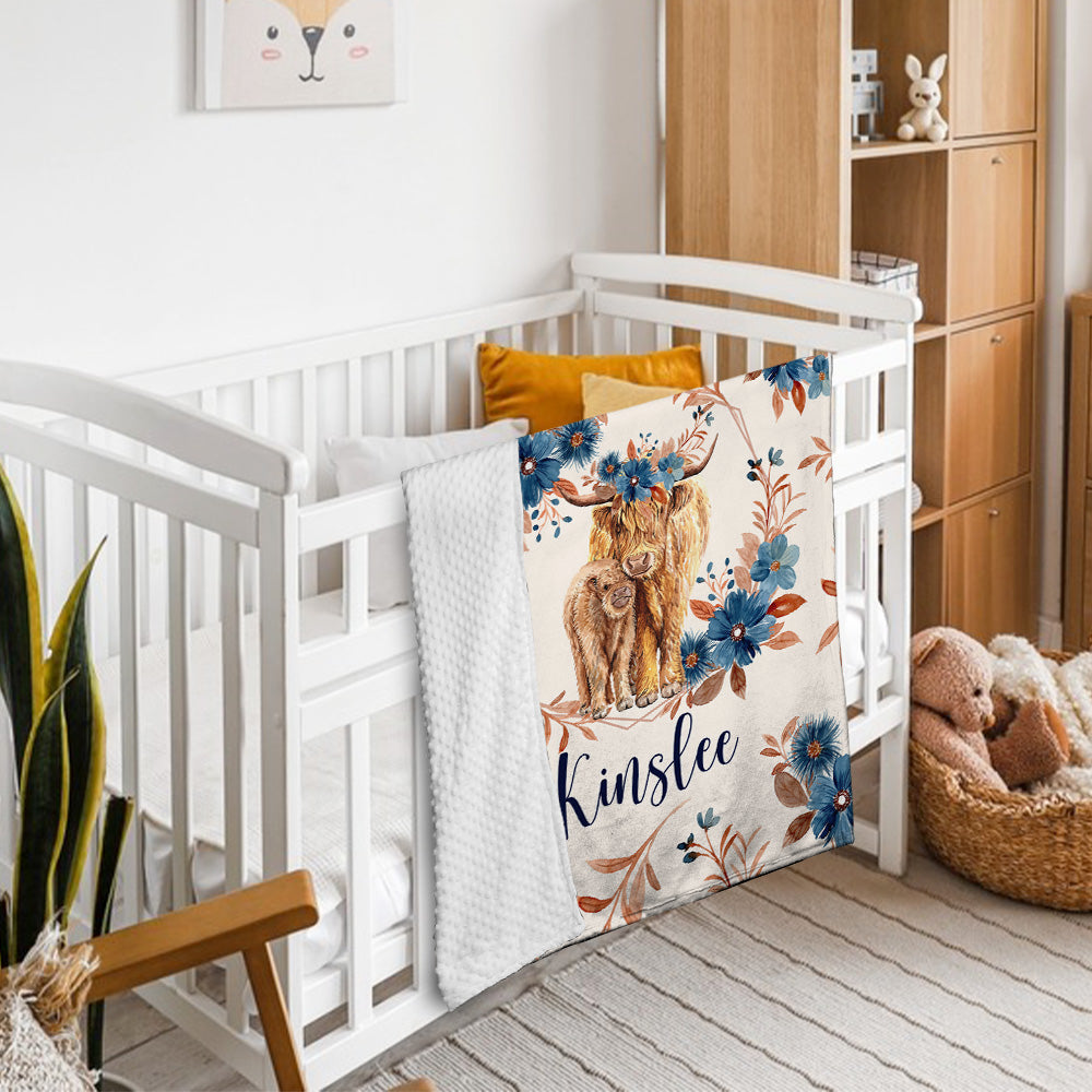 Personalized Name Minky Baby Blankets, Highland Cow Baby Blankets, Gift For Infant Toddler Crib, Nursery Decorations