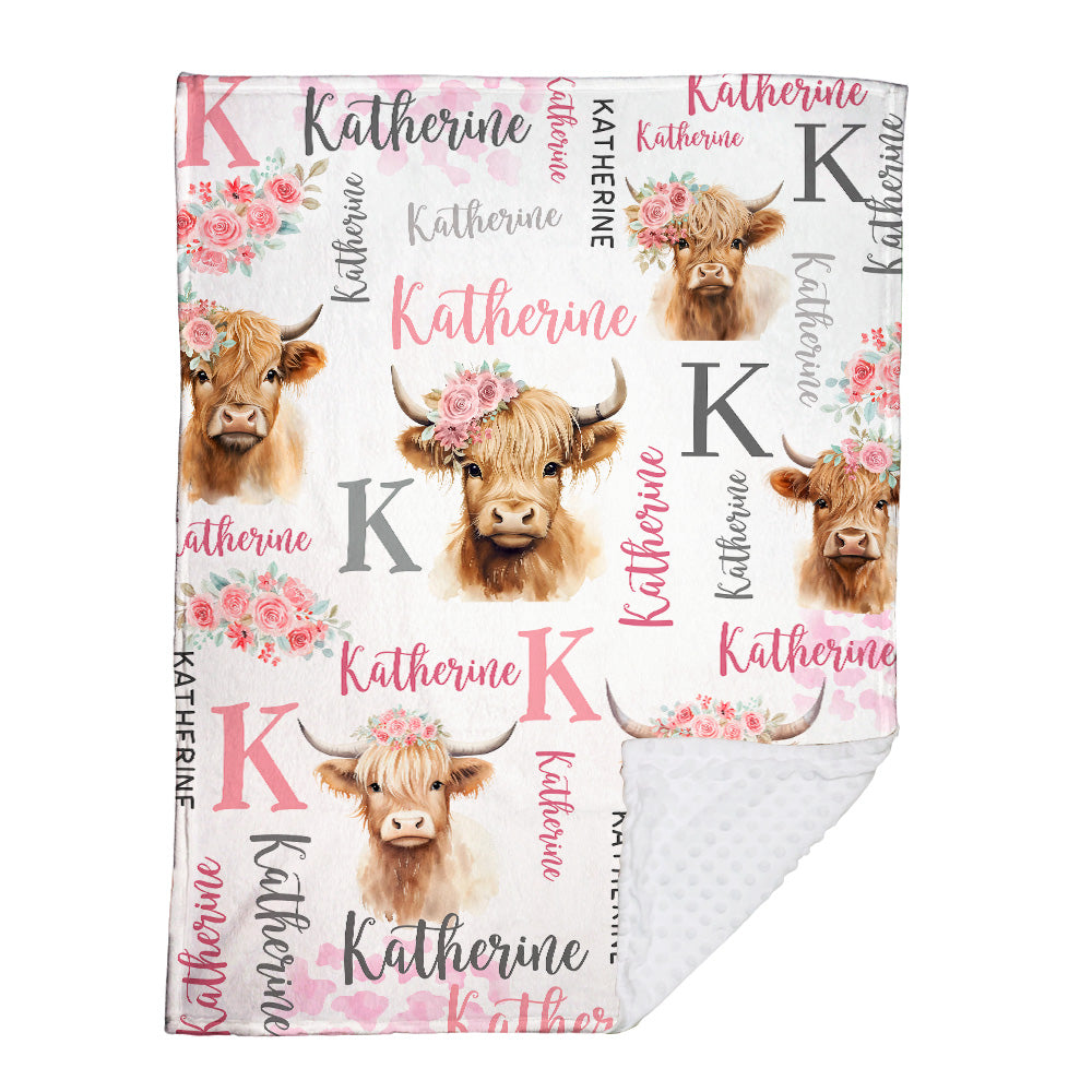 Personalized Name Minky Baby Blankets , Highland Cow Baby Blankets, Minky Blanket Double Layer with Dotted Backing for Infant Toddler Crib, Nursery Decorations